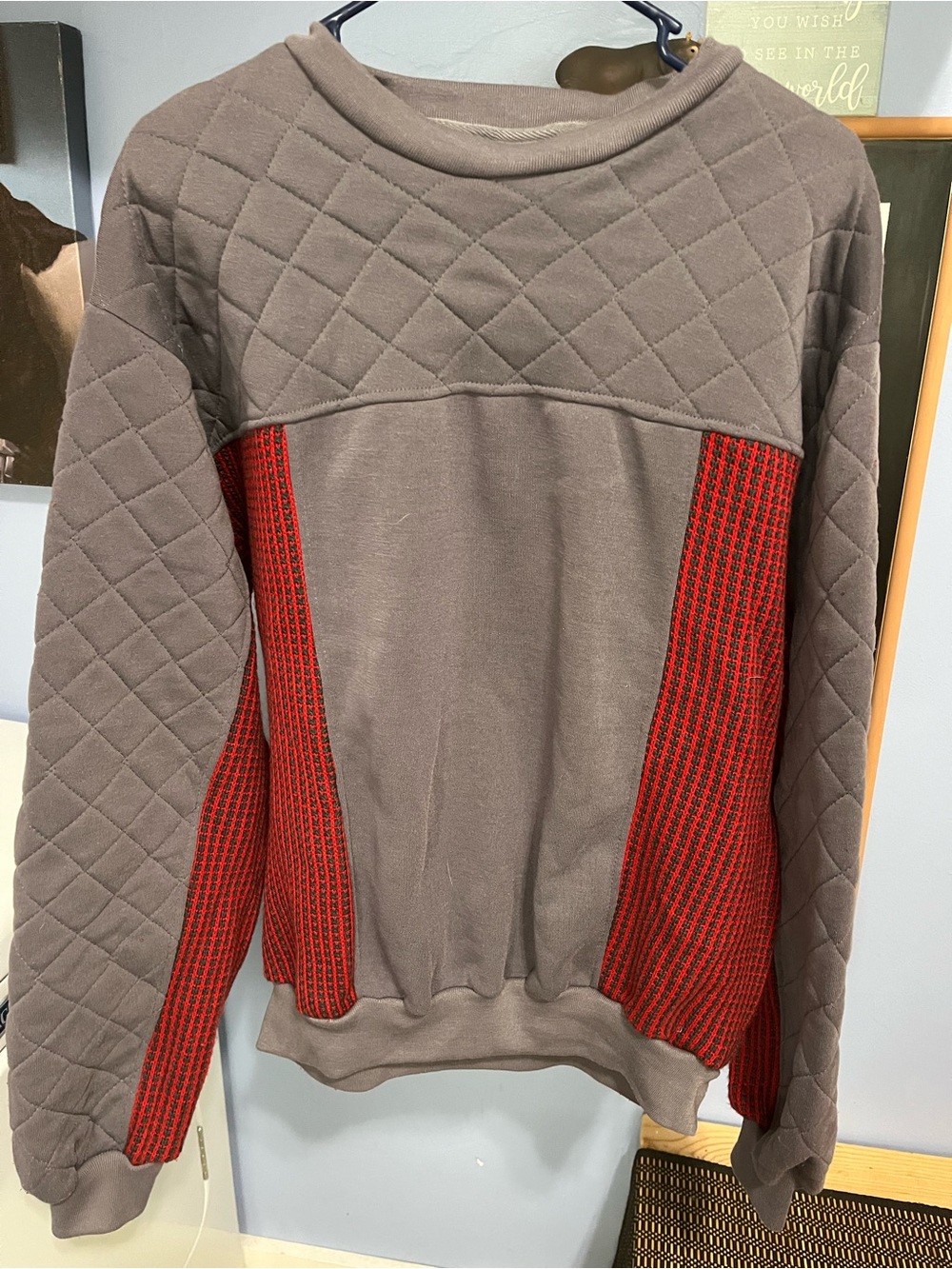 Men's Crewneck Quilted Sweater with Red Knit Side Panels